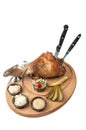 Pork knee on wooden plate and white background