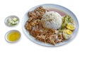 Rice with Pork Leg Stew with rice and boil egg on white background