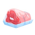 Pork leg in plastic tray, supermarket or butchers shop packaging with frozen or cold meat