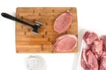 Pork Loin chops on a wooden cutting board on white background Royalty Free Stock Photo