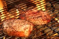 Pork Loin Pepper Steaks On The Hot BBQ Flaming Grill Royalty Free Stock Photo