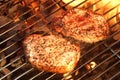 Pork Loin Pepper Steaks On The Hot BBQ Flaming Grill Royalty Free Stock Photo