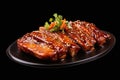 Pork marinated, grilled and served in slices. BBQ meal close up, isolated