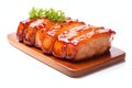 Pork marinated, grilled and served in slices. BBQ meal close up, isolated