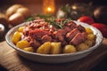 Pork meat with cooked potato, traditional balkan meal served on a plate, generative ai