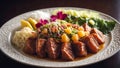 Pork meat with cooked potato, traditional balkan meal served on a plate, generative ai