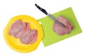 Pork meat is cut into flat pieces for chops or entrecotes on a g