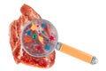 Pork meat with germs, microbes or viruses under magnifying glass, 3D rendering