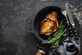 Pork meat, grilled steak on black background Royalty Free Stock Photo