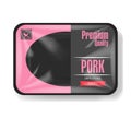 Pork meat packaging. Plastic tray container with cellophane cover. Mockup template for your design. Plastic food