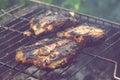 Pork meat are prepared in the grill. Barbecue in the garden