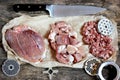 Pork meat set: whole piece, sliced meat and minced Royalty Free Stock Photo