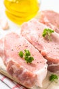 Pork meat steak, slices pork loin on white. Royalty Free Stock Photo
