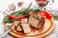 Pork Meat Tenderloin Roast on Wooden Board Side Royalty Free Stock Photo