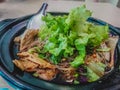 Pork noodles, stewed, boiled water in a clay bowl