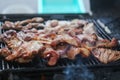 Pork pieces grilled on street charcoal grills