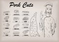 Pork pig carcass cut parts info graphics scheme sign poster butchers guide back, neck, shoulder; woman butcher cook worker smile