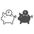 Pork piggy bank and watch line and solid icon. Time is money symbol, outline style pictogram on white background. Money
