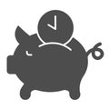 Pork piggy bank and watch solid icon. Time is money symbol, glyph style pictogram on white background. Money saving and