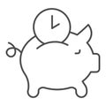 Pork piggy bank and watch thin line icon. Time is money symbol, outline style pictogram on white background. Money