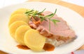 Pork with potato dumplings and white cabbage Royalty Free Stock Photo