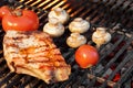 Pork Rib Steak, Tomato And Mushrooms On Hot BBQ Grill