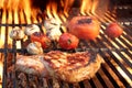 Pork Rib Steak, Tomato And Mushrooms On Hot BBQ Grill