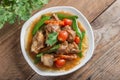 Pork ribs braised with soy sauce and vegetable. Top view. Royalty Free Stock Photo
