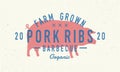 Pork Ribs logo. Pig silhouette. Vintage poster for restaurant, barbecue, steak house, bar. Vintage typography. Vector logo templat