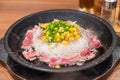 pork with rice on hot pan Royalty Free Stock Photo