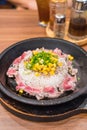 pork with rice on hot pan Royalty Free Stock Photo