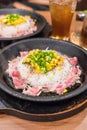 pork with rice on hot pan Royalty Free Stock Photo