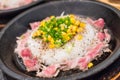 pork with rice on hot pan Royalty Free Stock Photo