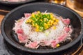 pork with rice on hot pan Royalty Free Stock Photo