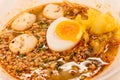 Pork rice noodle soup with meat ball, egg and vegetable Royalty Free Stock Photo