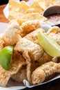 Pork Rinds also called chicharron or chicharrones and tortilla chips with salsa