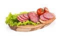 Pork salami on wooden surface