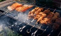 Pork and salmon kebabs grilling outside Royalty Free Stock Photo