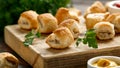 Pork sausage rolls with mustard and ketchup sauce on wooden board Royalty Free Stock Photo