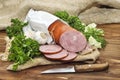 Pork sausage sliced in small pieces in a white packing Royalty Free Stock Photo