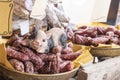 Pork sausages at the farmers market Royalty Free Stock Photo