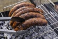 pork sausages fried on coals on the grill Royalty Free Stock Photo