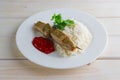 Pork shaslyk with rice and tomato sauce Royalty Free Stock Photo