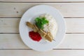 Pork shaslyk with rice and tomato sauce Royalty Free Stock Photo