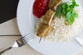 Pork shaslyk with rice and tomato sauce Royalty Free Stock Photo