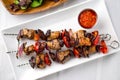 Pork shish kabob skewers viewed from above