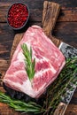 Pork Shoulder raw meat for fresh steaks on wooden cutting board with butcher cleaver. Dark wooden background. Top view Royalty Free Stock Photo