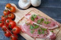 Pork slices with spices and herbs with a branch of cherry tomato Royalty Free Stock Photo