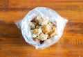 pork snack or crackling food packed in clear plastic bag