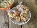 pork snack, pork rind, pork scratching , pork crackling , street Thai food.